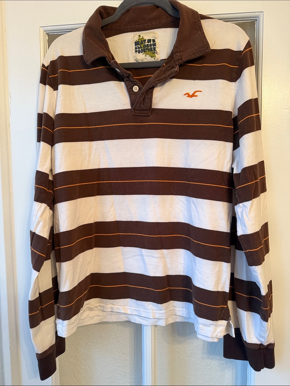 Y2K Hollister Brown & White Striped Long-Sleeve Polo